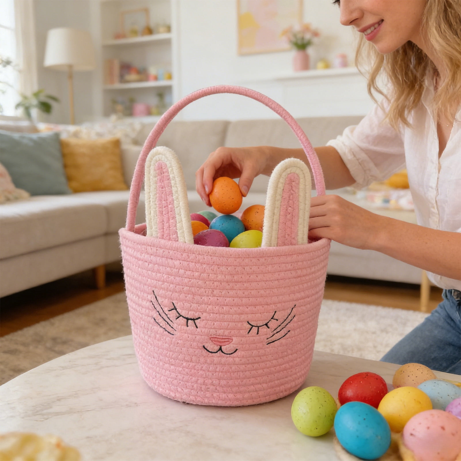 Lunxisen 2 Pcs Easter Storage Basket Hand-woven Rabbit Holiday Decorative Organizer Home Decor Baskets