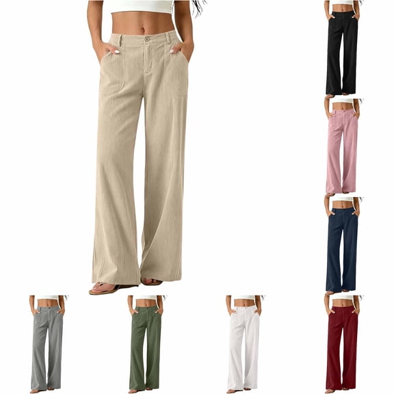 Huowey Women'S Work Pants Casual Baggy Wide Leg Suit Business Dress Pants With Pocket Zipper Button Daily Trendy Teacher Trousers,Beige,L