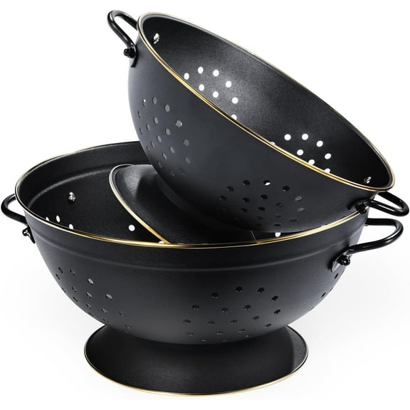Metal Colander Set of 2, Strainer Basket with Handles perfect for Spaghetti, Pasta, Berry, Vegetable, Fruit, Solid Base Powder Coated Self-draining Kitchen Colander Bowel, 3.5 & 5 Qt, Matte Black