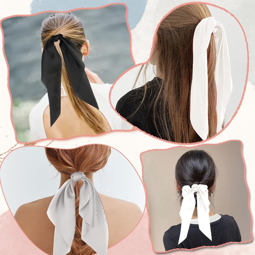 -3 Pcs Hair Scarf Scrunchies,Long Silk Satin Hair Ribbons Ties Bow Silk Scarf Scrunchies with Ribbon Accessories for Women Teen Girls White Grey Black