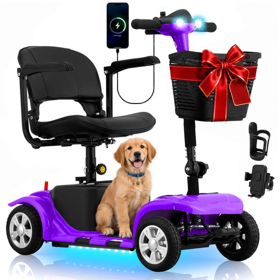 Arshin 4 Wheels Mobility Scooter with USB Port for Seniors,Electric Folding Wheelchair Device for Travel(Purple)