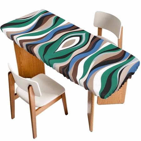 Green Blue Brown Moire Table Cloths for 8 Foot Rectangle Tables Modern Abstract Art Patio Waterproof Elastic Fitted Tablecloths Washable Rectangular Table Cover for Camping