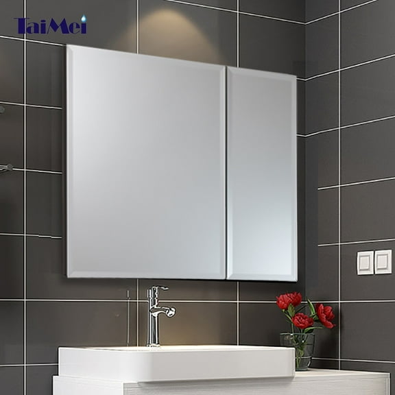 Taimei DIY Wall 2-Door Frameless Mirror Medicine Cabinet 30" Wx26" Hx4.5/8” D with Beveled edges, Color Satin, Bathroom Mirror Cabinet with Adjustable 2 Glass Shelves, Storage Cabinet by FOCA US