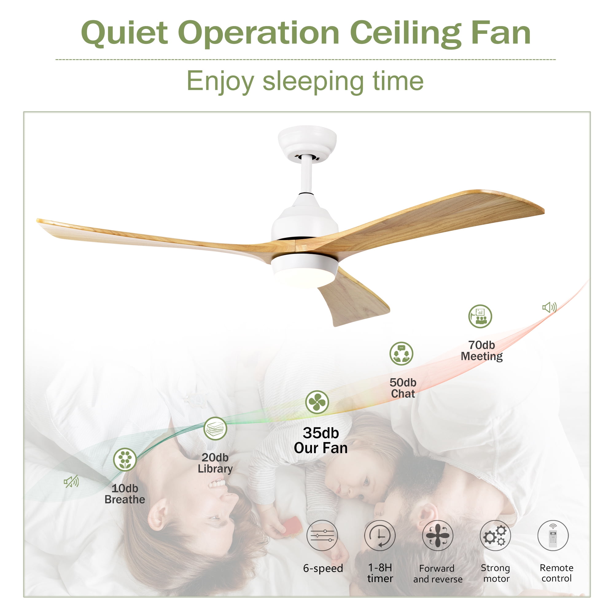 Leumius 52" Solid Wood Blades Ceiling Fan with Light and Remote Control,Quiet DC Motor 3 Blade Ceiling Fans 6 Speed Levels,Reversible for Patio Living Room Bedroom Office White+Natural