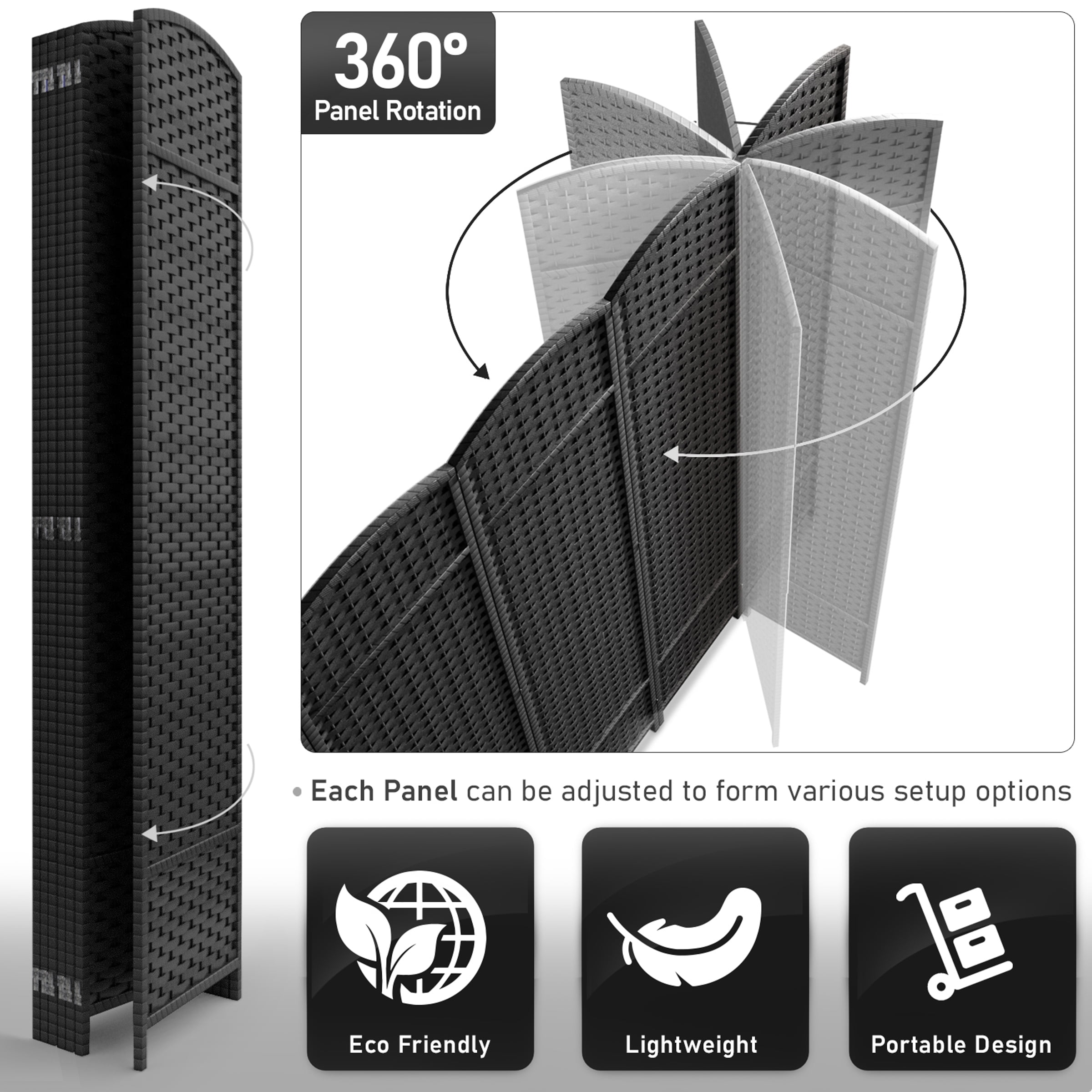 Sorbus 7-Panel Wide Folding Room Divider Privacy Screen, Hand-Woven Black Mesh