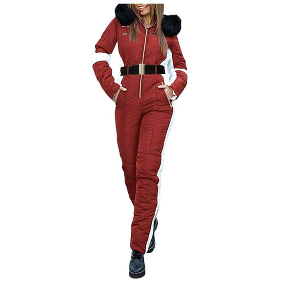 MIASHUI Women's Fashion One-Piece Ski Suit with Hood, Zip Up Outdoor Sportswear Parka, Waterproof Winter Jacket for Women Red,XL