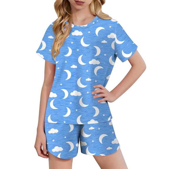 Gamivast 2 Piece Pajama Set for Girls Cloud Moon Print Short Sleeve Top and Summer Shorts Stretchy Soft Knit Fabric for Daily Casual Loungewear Outfit