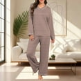 thumbnail image 6 of Uaswgudfs Women's Striped Pajama Set V-Neck Long Sleeve Loose Loungewear Top & Pants 2-Piece Casual Sleepwear Outfit for Women Daily Wear & Sleeping Brown L, 6 of 7