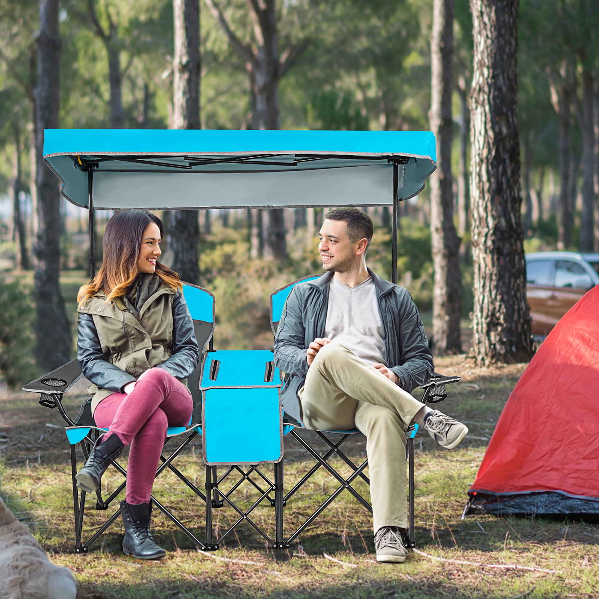 Goplus Portable Folding Camping Canopy Chairs w/ Cup Holder Cooler