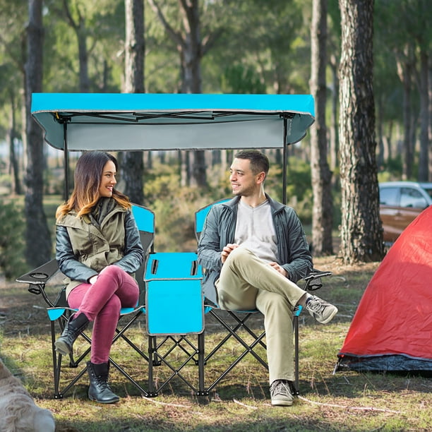 Costway Silla De Camping Doble Con Dosel Ajustable Y Desmontable, Silla Plegable Para 2 Personas Al Aire Libre Con Mini Mesa, Bolsa Refrigeradora, 1 Bolsillo Frontal Y 2 Portavasos, Playa, Viajes