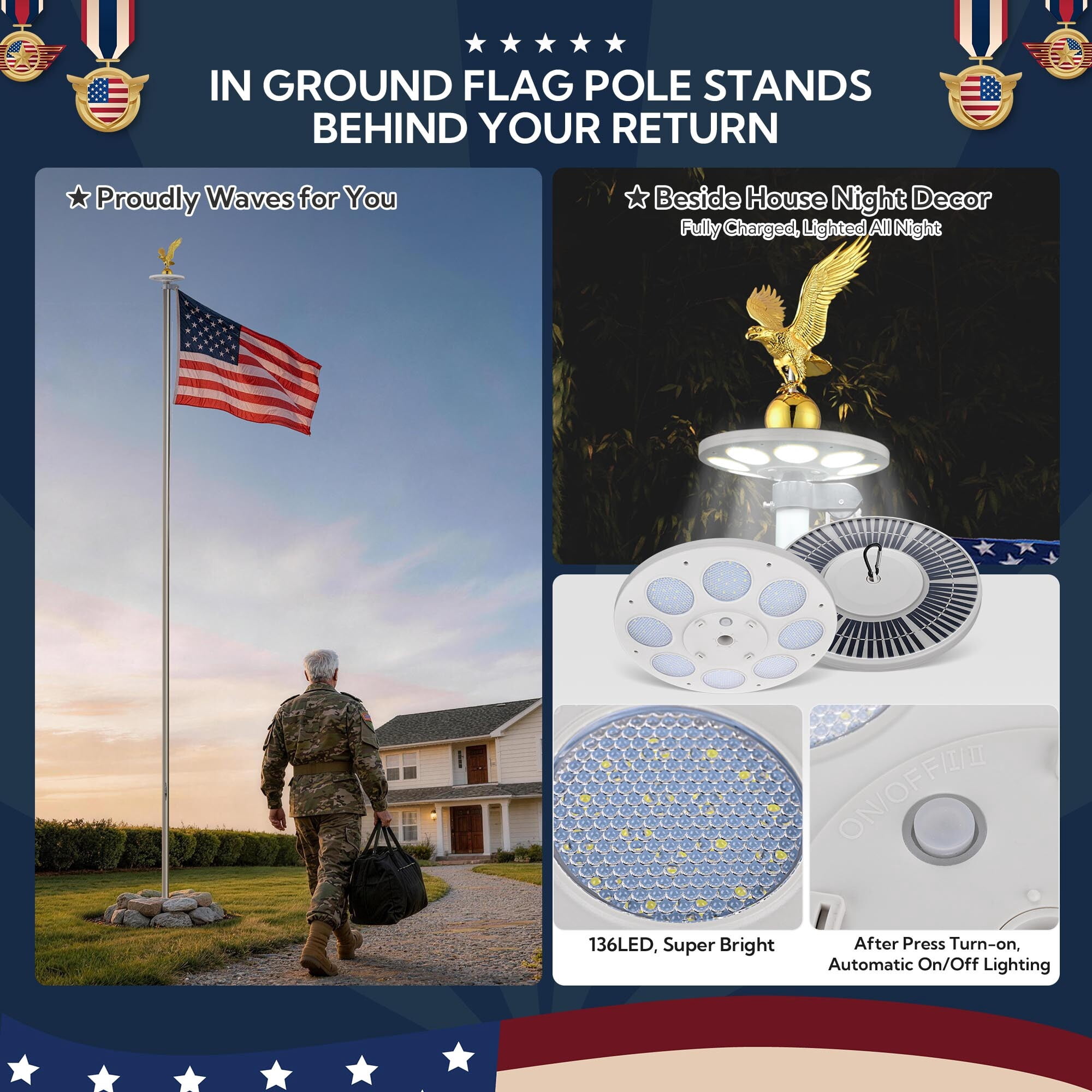 Yescom Bravery 25ft 13 Gauge Sectional Flag Pole Kit with Solar Powered Light US Flag Gold Eagle Topper