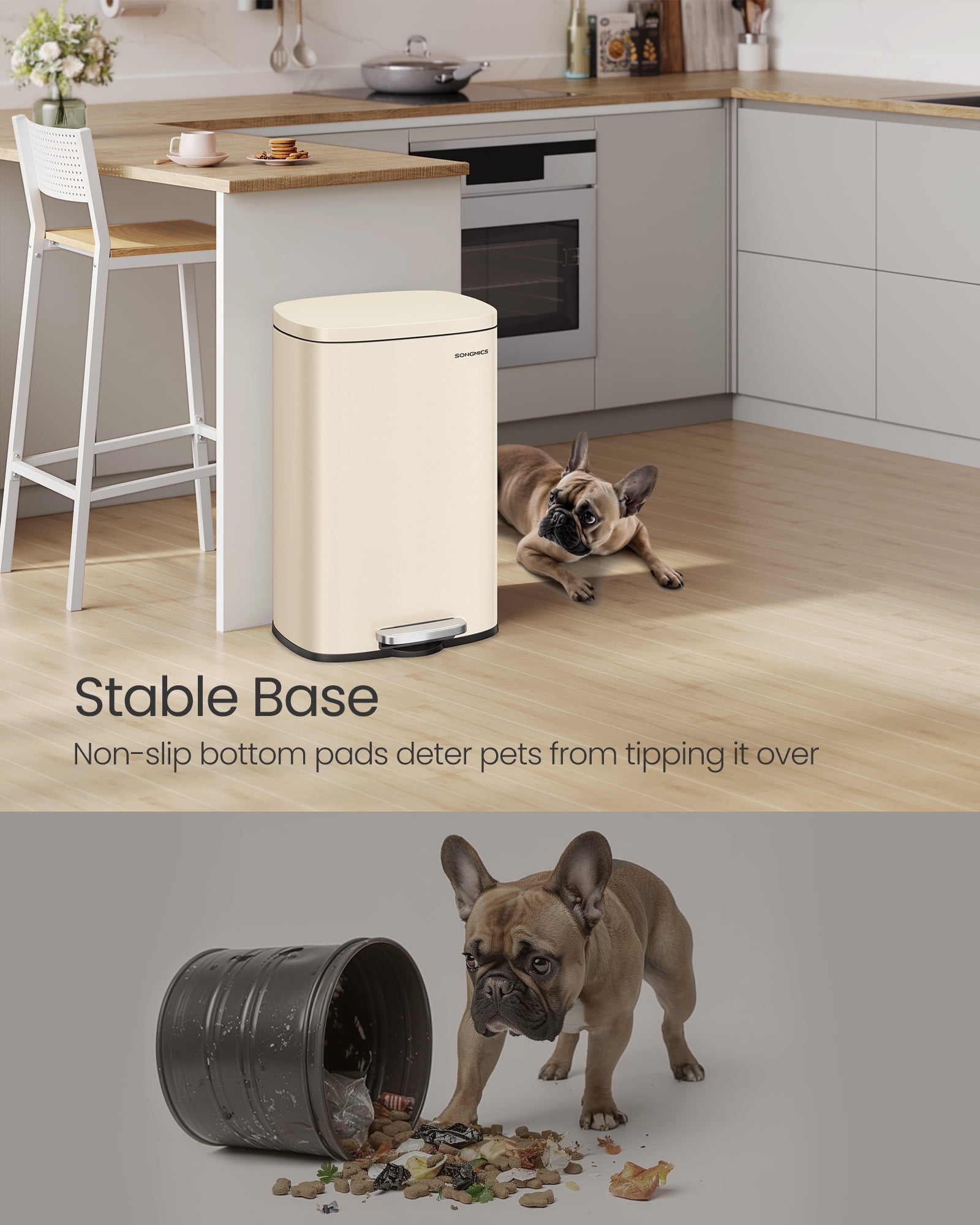 13 Gallon Stainless Steel Trash Can with Soft Close Lid, Step Pedal & Removable Bucket for Kitchen, Recycling or Waste, Sand Beige
