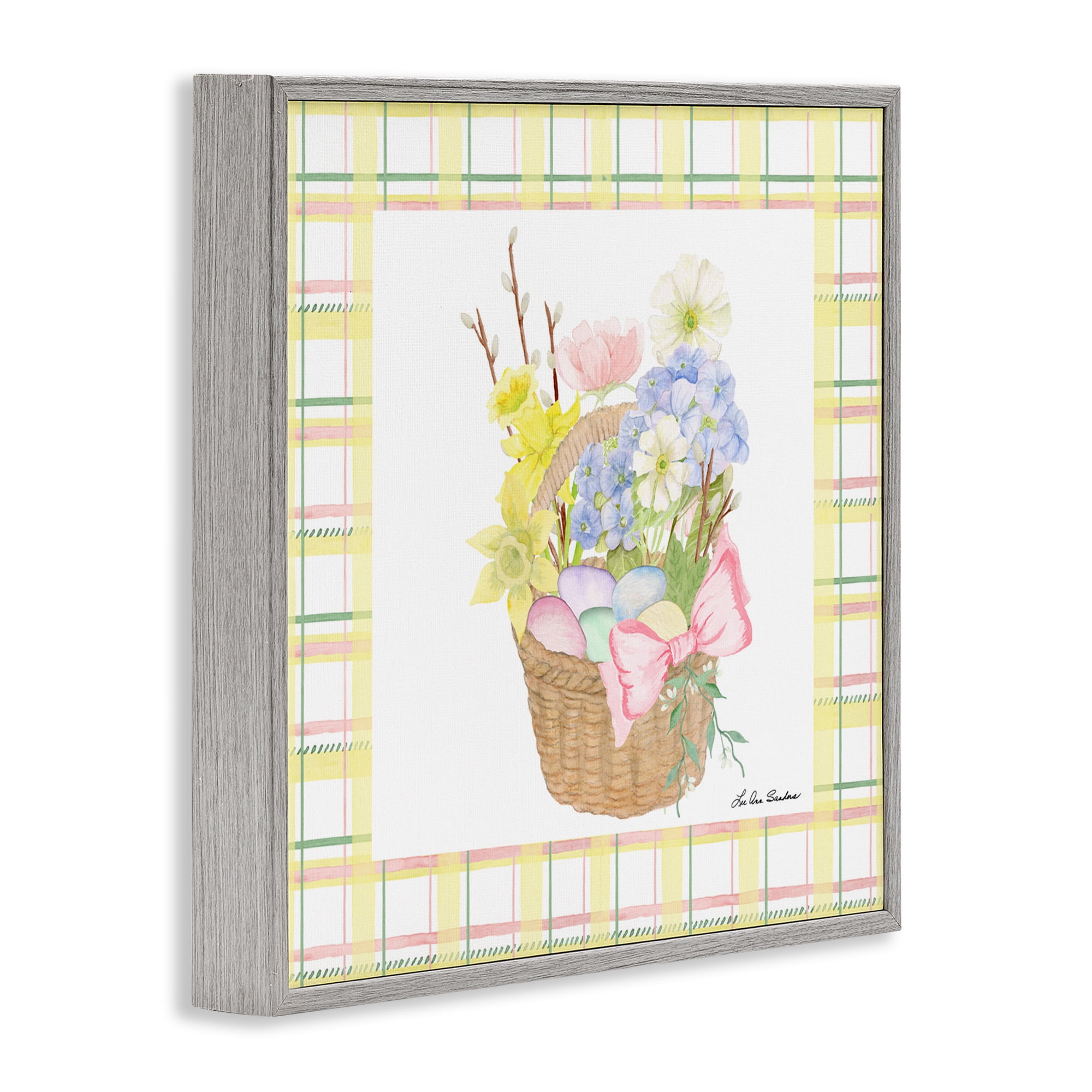 Spring Basket on Plaid Gray Framed Giclee Art, design by Lee Ann Sanders