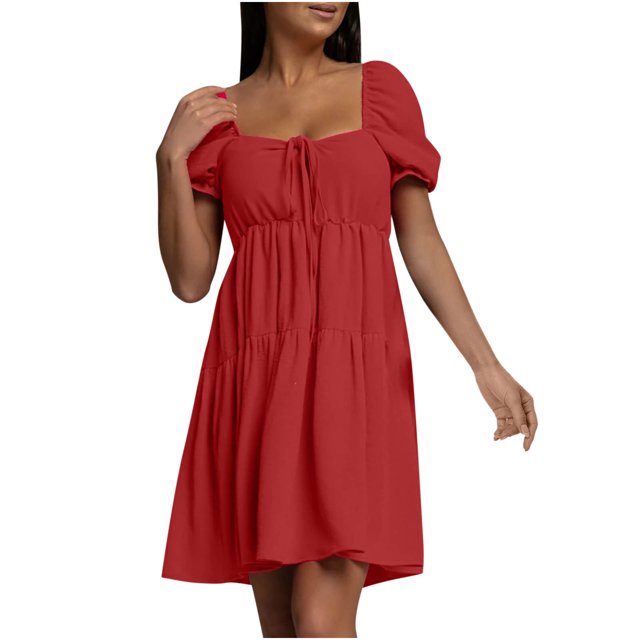 Robe for Femmes Col Carré Manches Courtes Volant Robe Douce Solide Réglable Laçage Été une Ligne de Mini Robe Swing