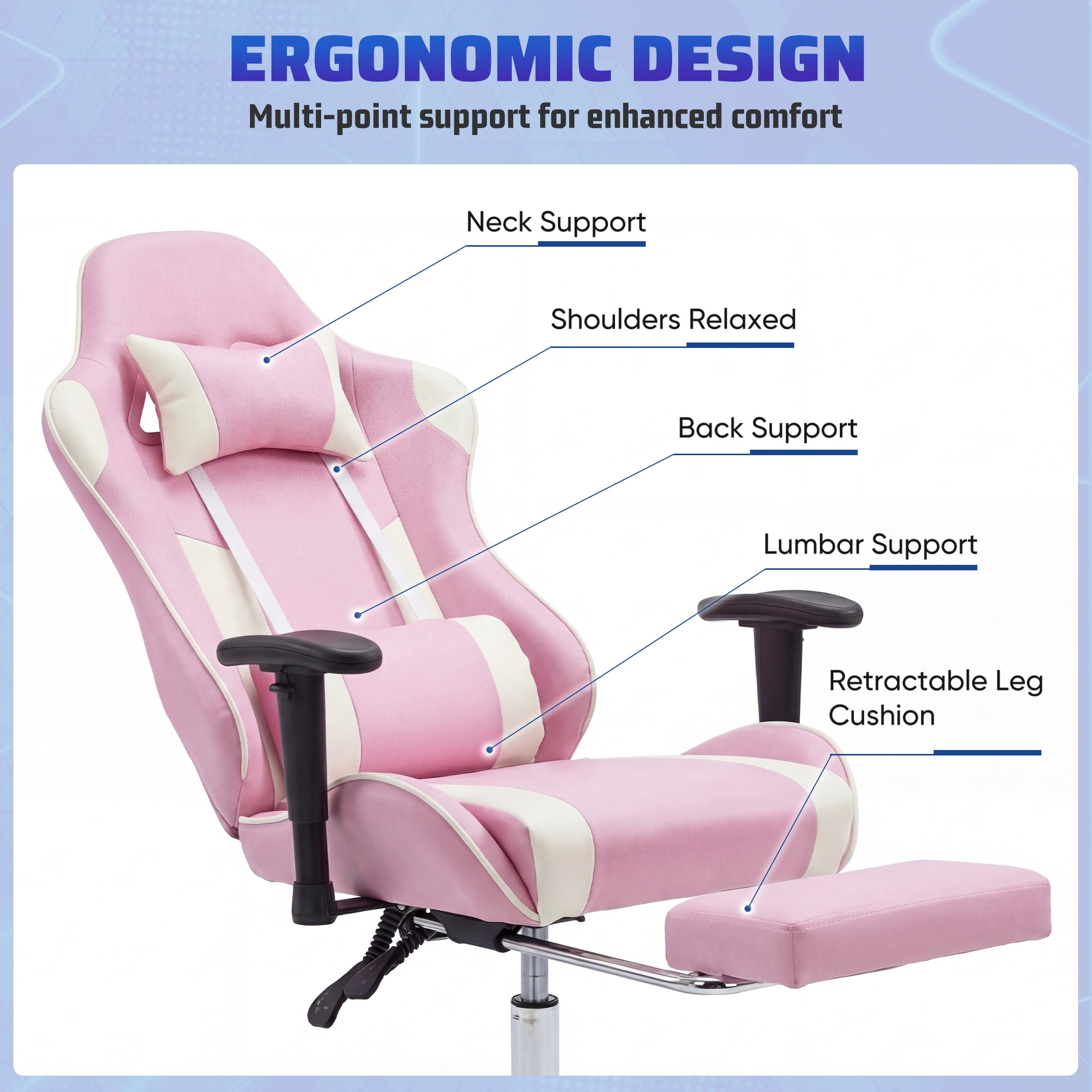 Gianna Ergonomic Gaming Chair, Adjustable Height with 360° Swivel, Flip-Up Armrests, Headrest & Lumbar Cushion Included, Pink