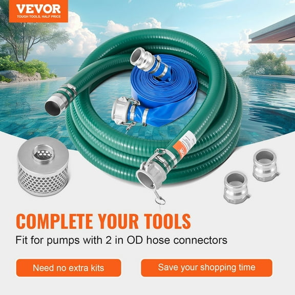 2 Inch x 20 ft Green & 50 ft Blue Water Pump Suction Hose Kit – Heavy Duty, Flexible, for Pools, Draining, Irrigation