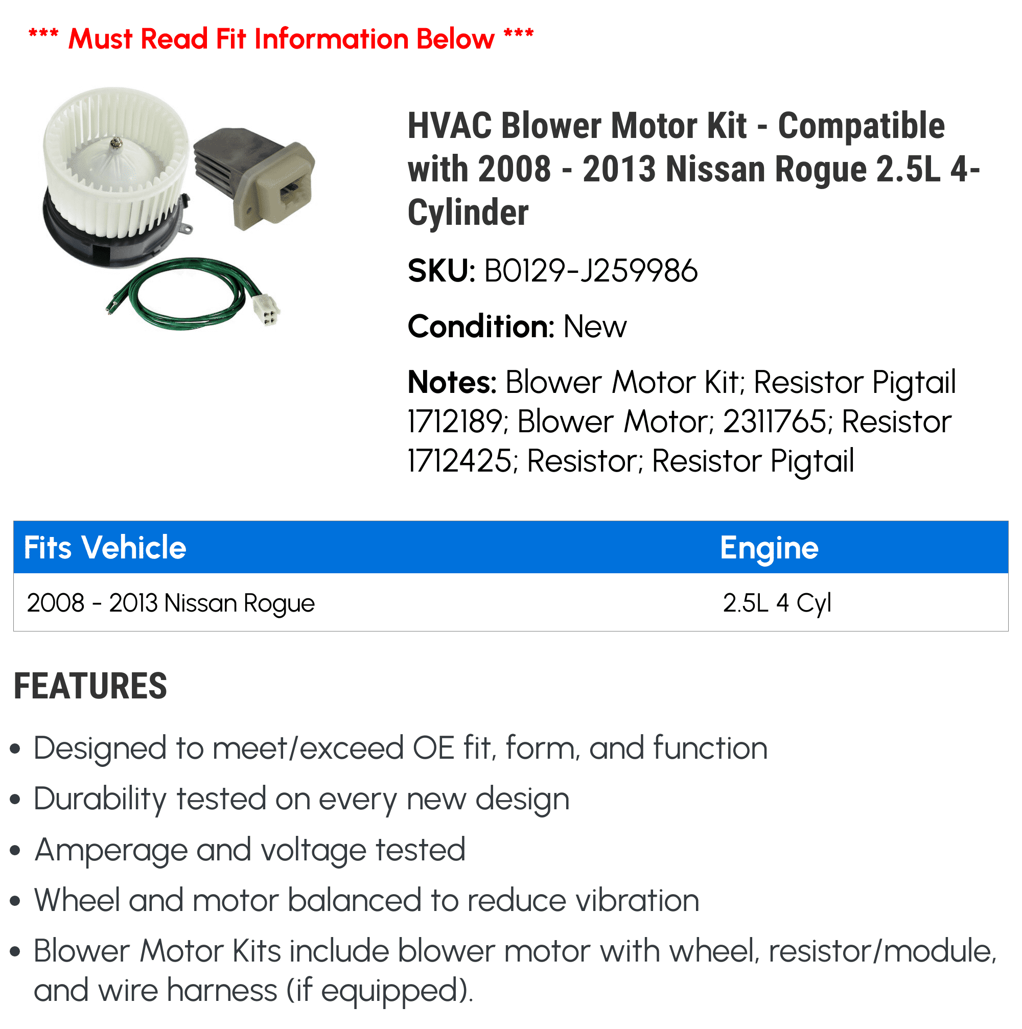 HVAC Blower Motor Kit - Compatible with 2008 - 2013 Nissan Rogue 2.5L 4-Cylinder 2009 2010 2011 2012