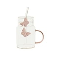 thumbnail image 1 of Vasos transparentes con mariposa rosa en 3D, vaso de vidrio borosilicato de 15 oz con tapa y pajita for bebidas frías o calientes., 1 of 6