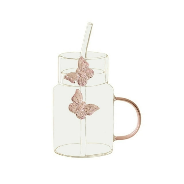 Vasos transparentes con mariposa rosa en 3D, vaso de vidrio borosilicato de 15 oz con tapa y pajita for bebidas frías o calientes.
