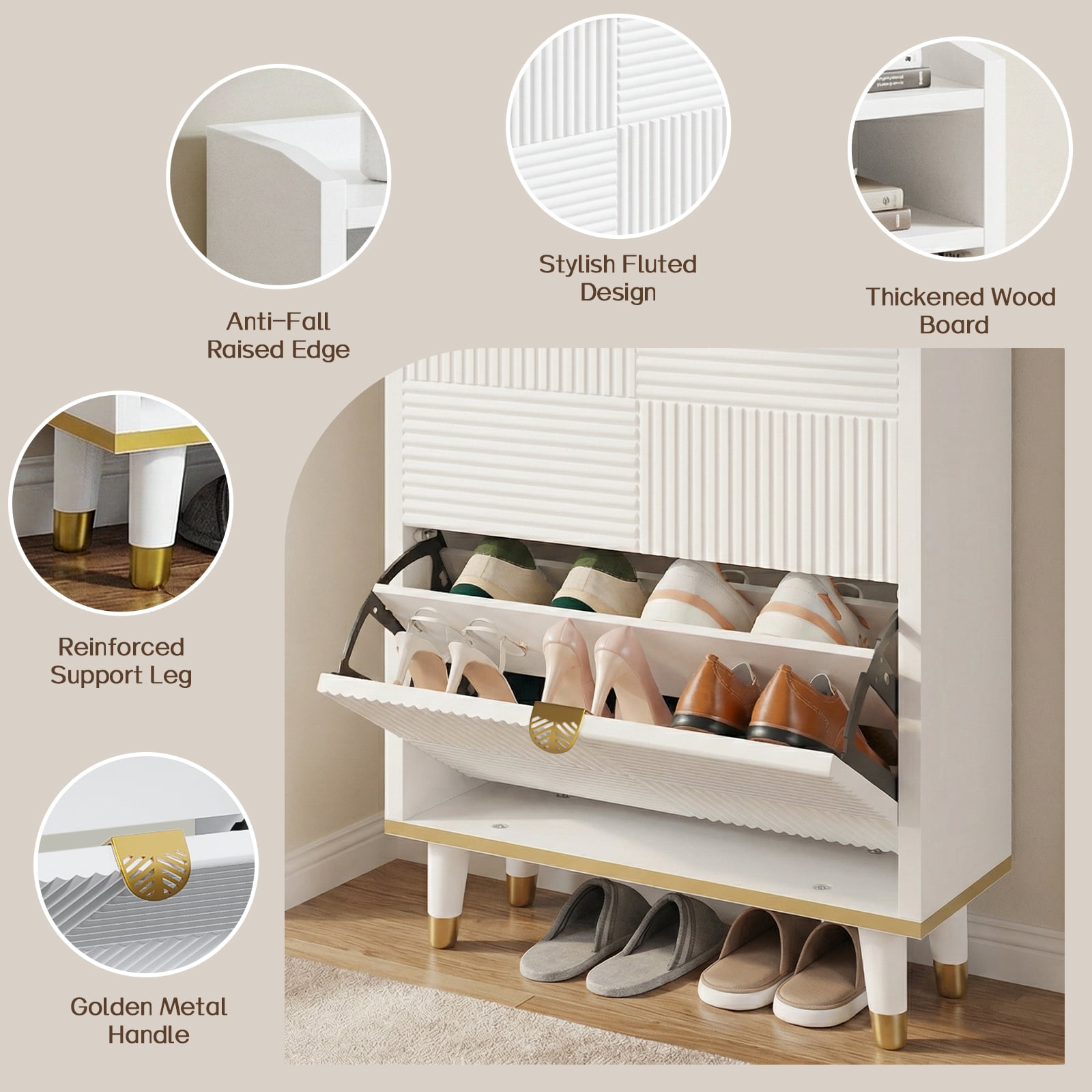 Dayago Shoe Cabinet Organizer with 2 Flip Drawers, Freestanding Narrow Rack with Metal Legs, Wood Hidden Shoe Storage，Freestanding Narrow Slim Shoe Organizer for Entryway, Foyer, Hallway, White