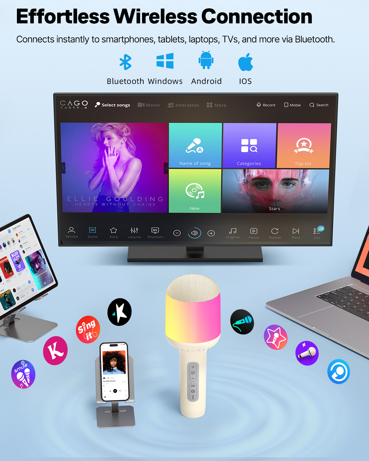 Wireless Bluetooth Karaoke Microphone with Dynamic Lights, Portable Handheld Mic, 6 Sound Effects, 10H Playtime, Perfect for Kids Singing Toy, Home Parties, Duet, Birthday Gift, Works with