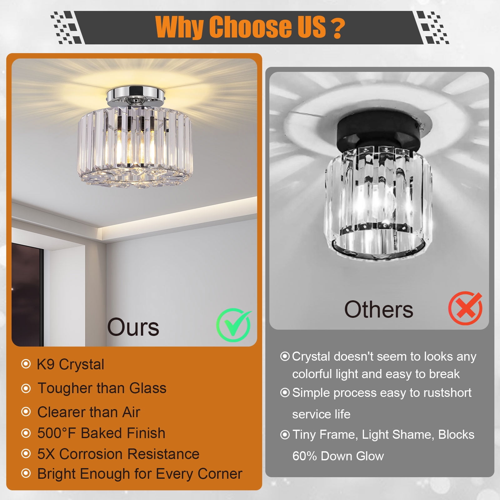 Frideko Home Crystal Ceiling Light Fixture, 9" Chrome Modern Semi Flush Mount Ceiling Light, E26 Base for Light Bulbs, Crystal Chandelier for Kitchen Bedroom Bathroom Hallway (Bulb not Included)