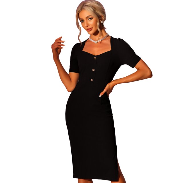 Vestido Midi para Mujer Puff Manga Corta Escote Corazón Dividido Bodycon Vestido Negro L