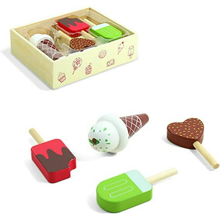 PEACNNG Wooden Ice Cream Counter, Wooden Ice Cream Trolley for Kids, Wooden  Toys Frozen and Accessories for Kids, Girls and Boys 