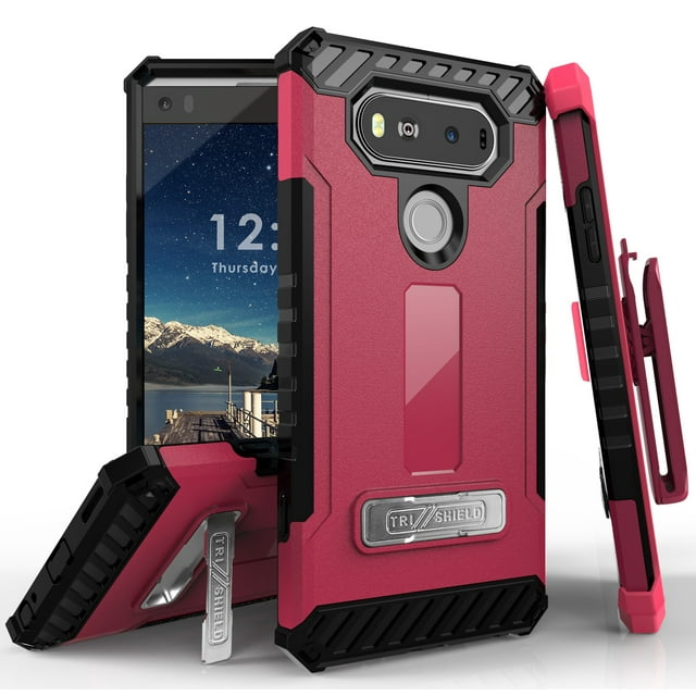 HOT PINK/BLACK TRI-SHIELD RUGGED CASE COVER with MAGNETIC KICKSTAND + BELT CLIP HOLSTER + LANYARD STRAP FOR LG V20 PHONE (VS995, LS997, H918, US996, 6505A, H990, F800)