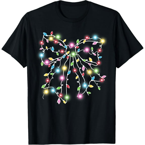 Colorful Christmas Lights Coquette Bow Holiday Women Girls T-Shirt