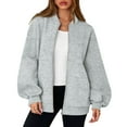 thumbnail image 3 of WTOBBY Women's Oversized V-Neck Zip-Front Jacket, Long Sleeve Solid Color Loose Fit Shacket, Casual Streetwear Open Style Coat, Lightweight Layering Piece for Women,Light Gray 3XL, 3 of 6