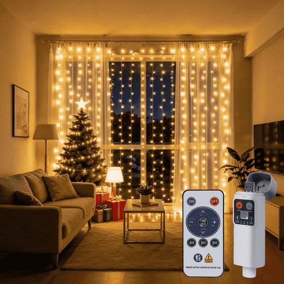 Electight 9.8x9.8FT Curtain Fairy Lights with Remote, 8 Modes Rechargeable Battery String Lights, Warm White Dimmable LED Wall Decor for Bedroom Wedding Home