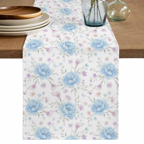 Table Runner 36 Inches Long for Kitchen Dining, Pink Blue Flower Dresser Scarf Farmhouse, Dining Table Decorations for Wedding/Parties, Spring Watercolor Floral Plant Textured 13 x 36 In