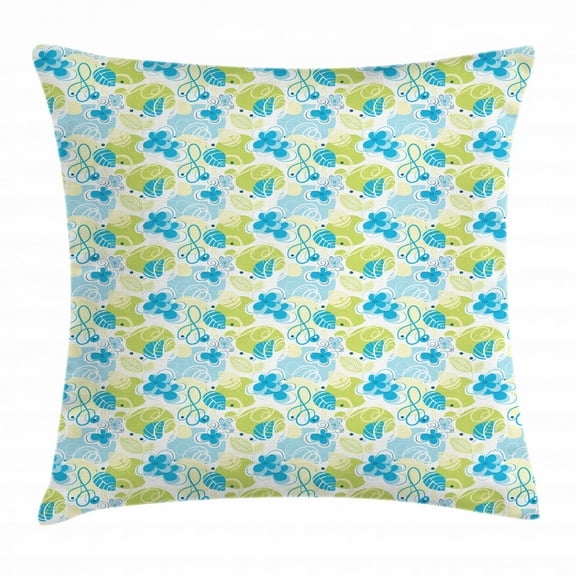 Floral Throw Pillow Cushion Cover, Pastel Colored Cheerful Pattern Inspired by Spring Nature Whimsical Doodle, Decorative Square Accent Pillow Case, 16 X 16 Inches, Blue Green White, by Ambesonne