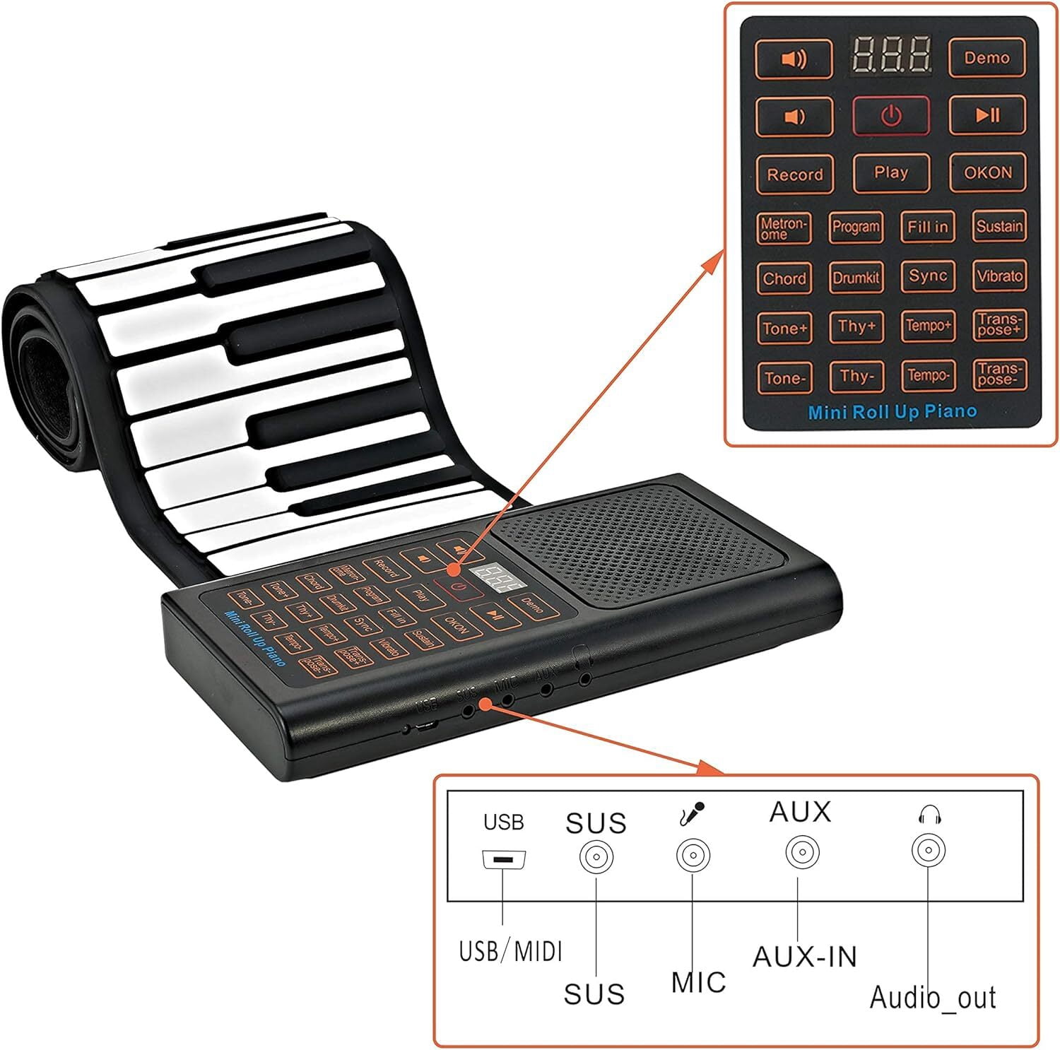 Roll Up 61 Keys Piano Keyboard with pedals, 128 Unique Tones Digital Electric Hand Roll Piano Keyboard with 1000mAh Rechargeable Battery for Kids Beginner