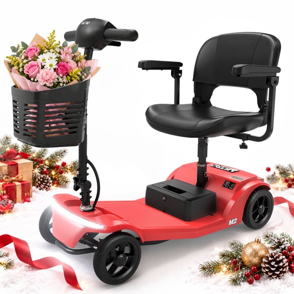 4-Wheel Foldable Mobility Scooter for Seniors, Portable Electric Power Scooter with Stable Anti-Tip Wheels, Rear Brake Light, USB charging port,Supports 330 lbs,Travel Scooter,Red