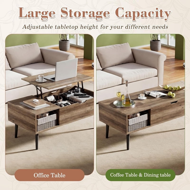 Kelno Lift Top Coffee Table with Hidden Storage Adjustable Height Wood Center Table with Shelf,Wood Gray