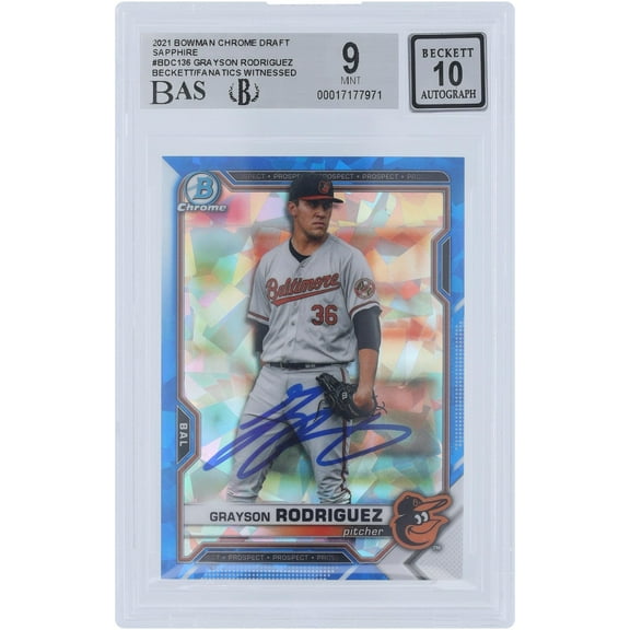 Grayson Rodriguez Baltimore Orioles Autographed 2021 Bowman Chrome Draft Sapphire #BDC-136 Beckett Fanatics Witnessed Authenticated 9/10 Card - Fanatics Authentic Certified