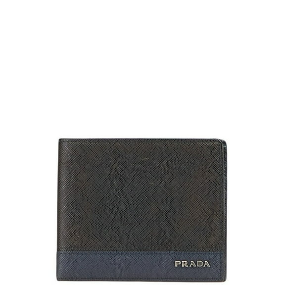 Pre-Owned Prada Men's Bifold Wallet in Black and Navy Saffiano Leather (Good)