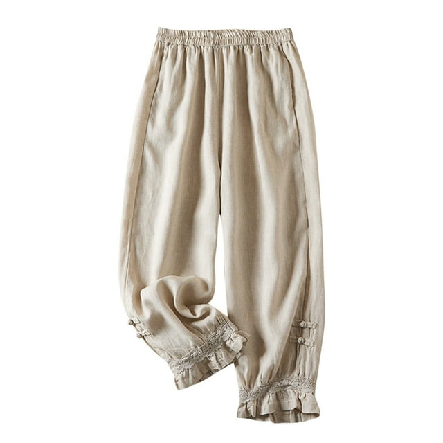 Timegard Womens Pants Cotton Linen Elastic Waisted Lace Ruffle Bottom Casual Loose 3/4 Trousers with Pockets