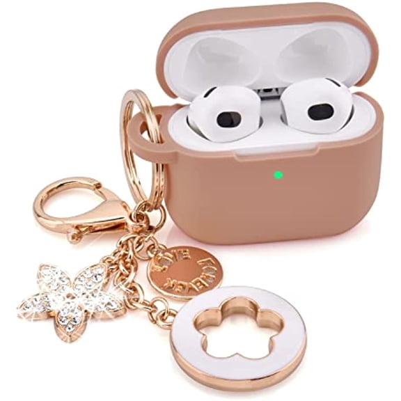 Case for Airpods 3 - VISOOM Airpods 3rd Generation Cases Cover Women 2022 Silicone for iPod 3 Earbuds Wireless Charging Case with Accessories Girl Bling Keychain for Apple Airpod Gen 3(Milk Tea)