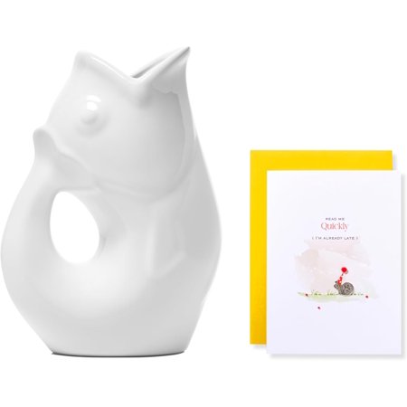 Fish Pitcher, 42oz Capacity. Paired with a Birthday Card - Hand Placed Charms. Birthday Gift Idea (Belated Birthday Snail - Message Inside "Happy Belated Birthday")