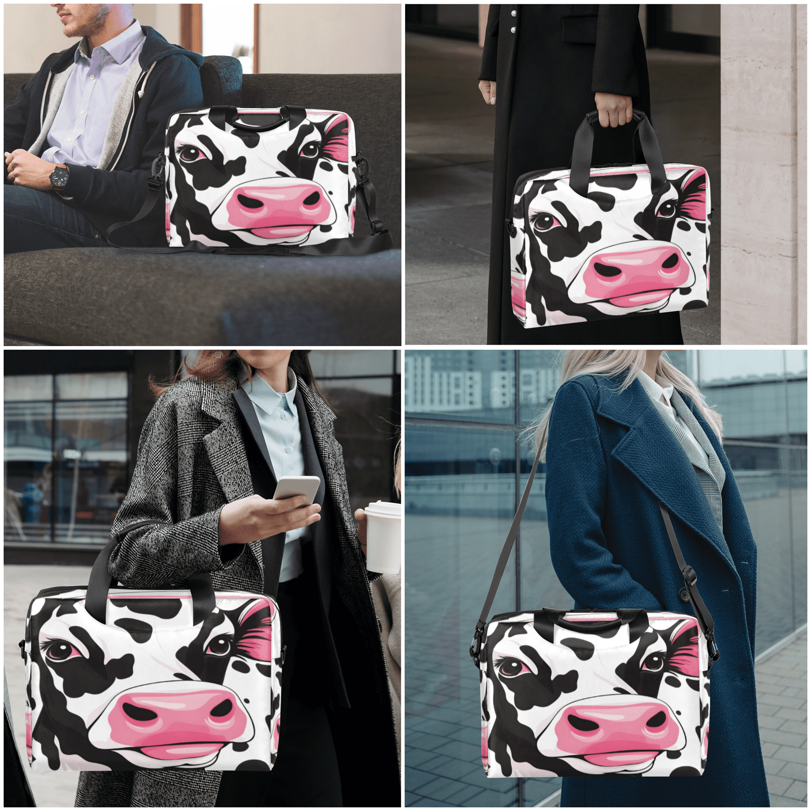 Herdesigns Cow Laptop Bag for Women Men, Computer Case Briefcase Messenger Bags, 15-15.6 inch Laptop Sleeve Shoulder Bag