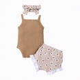 thumbnail image 5 of CAUYDY Infant Baby Girls Summer Outfit 3Pcs Set Toddler Clothes Ruffle Sleeve Romper Elastic Shorts Pretty Bow Headband for Newborn 3 6 9 12 18 Months (Sizes 0-3 Months,L4-Brown), 5 of 6