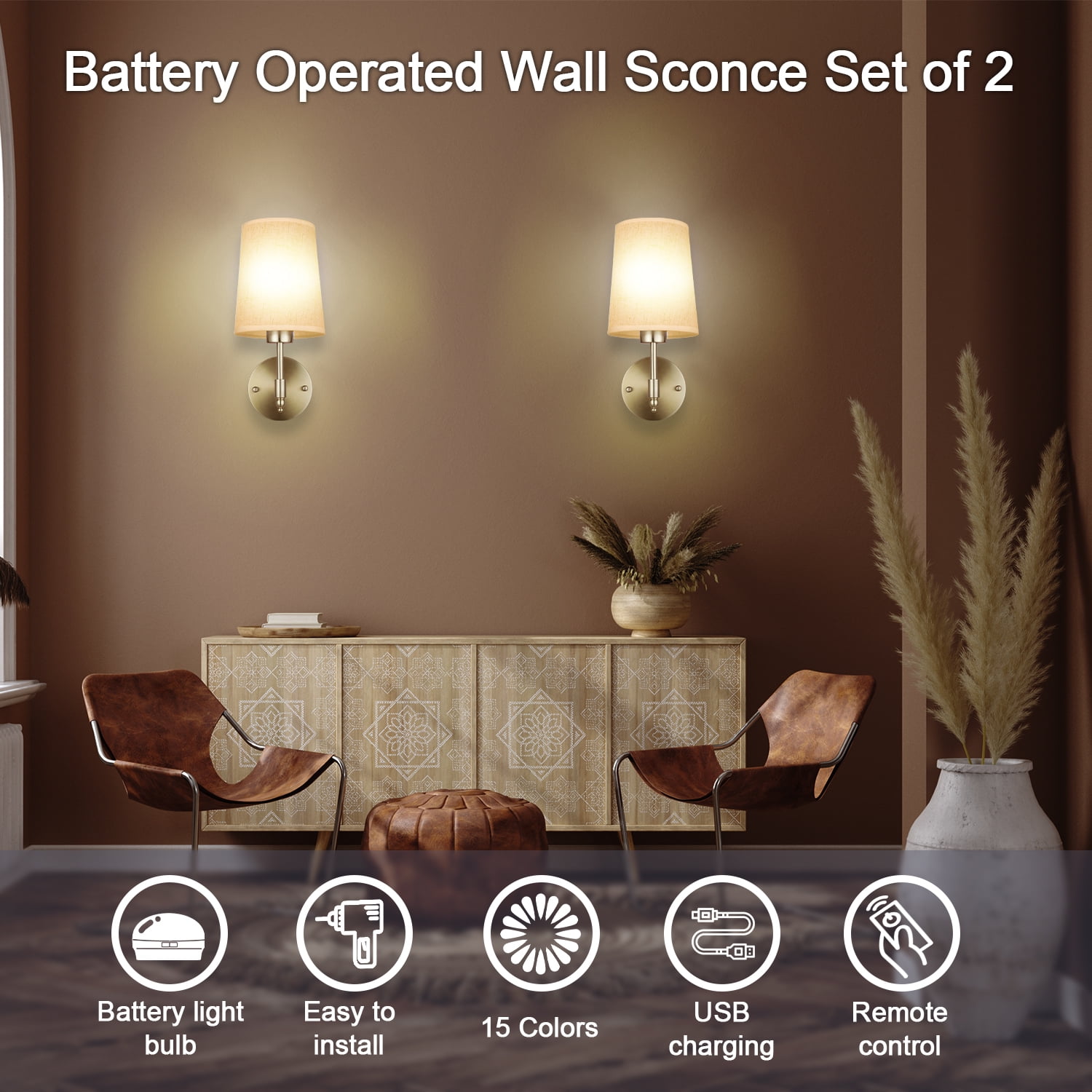 Battery Operated Wall Sconces Set of Two,Rechargeable Battery Operated Wall Lights with Remote, Fabric 13 RGB Dimmable Gold Wall Lamp for Bedroom Living Room, Easy to Install