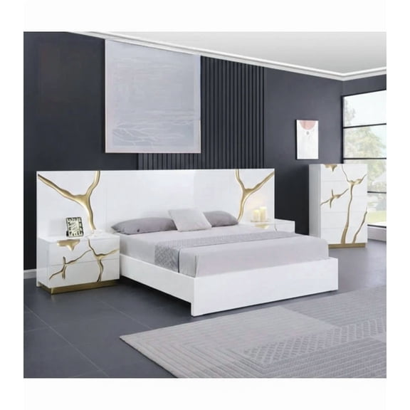 Luxury 4-Piece Modern Bedroom Set, California King Platform Be, 2x Nightstand and Chest, High Gloss Finish, White/Gold