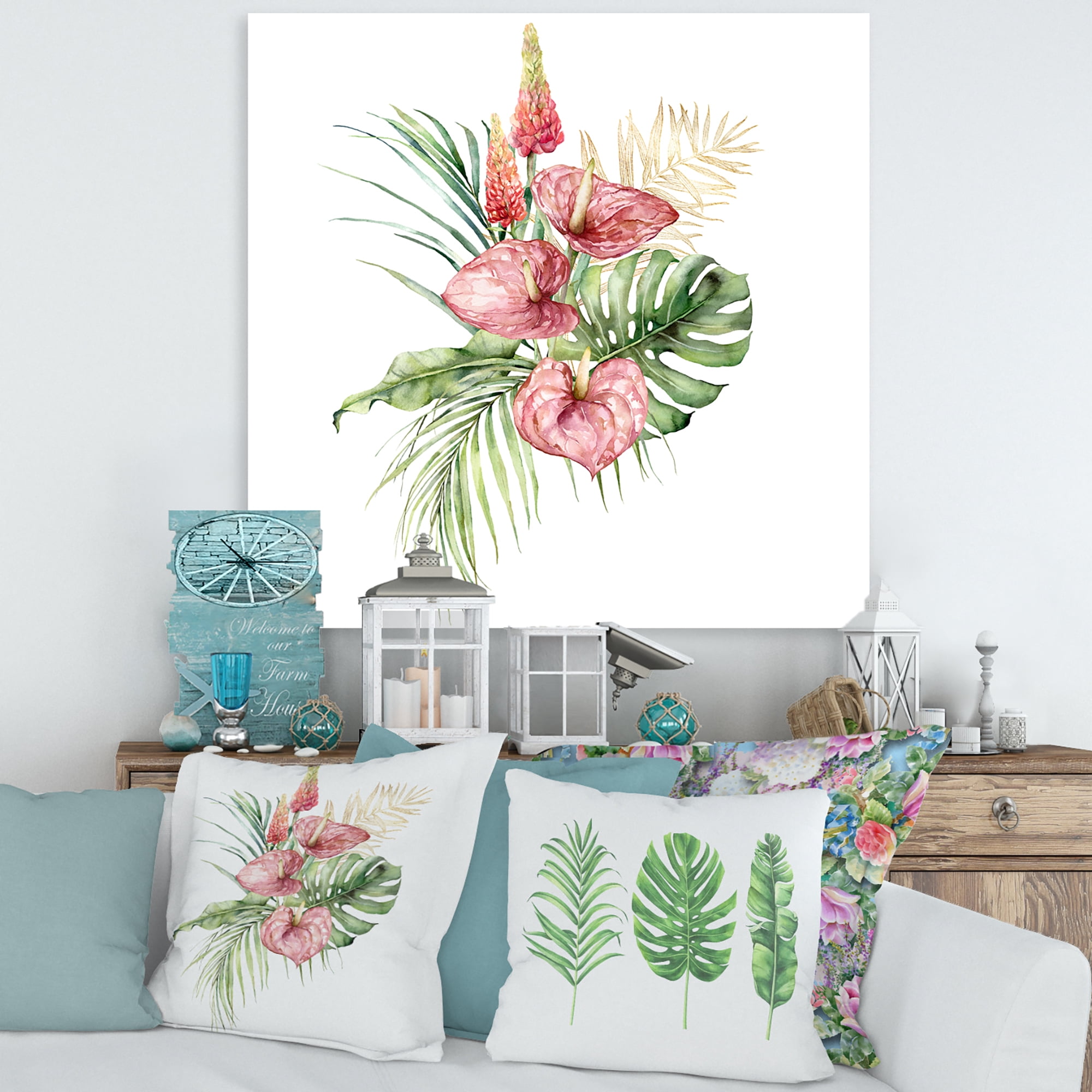 Designart ' Tropical Bouquet With Anthurium Lupine and Leaves On White I ' Traditional Canvas Wall Art Print
