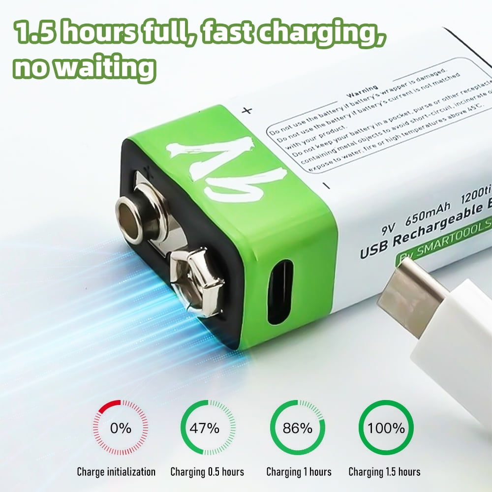 USB 9V Rechargeable Battery 650 mAh Capacity,Square Lithium 9 Vlot Batteries with Type C Port Cable 2 Pack