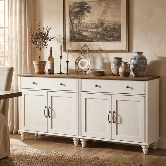Large Sideboards Cabinet with 4 Doors and 2 Drawers, Modern Buffet Cabinet Wood Kitchen Storage Cabinets, Farmhouse Sideboard Credenza for Dining Room, White, 68"