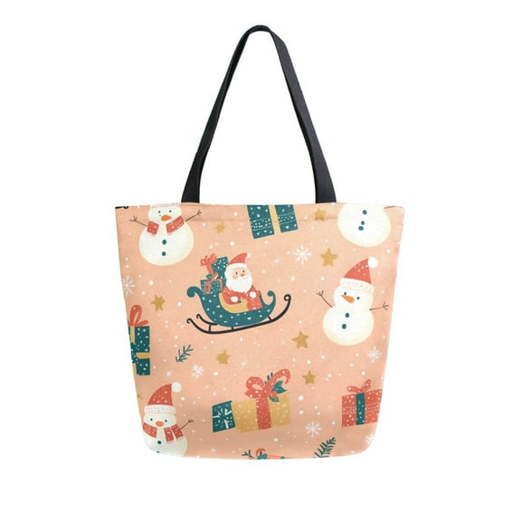 FORMRS Womens Canvas Tote Bag with Zipper Inner Pocket Shoulder Handbag, Christmas Santa